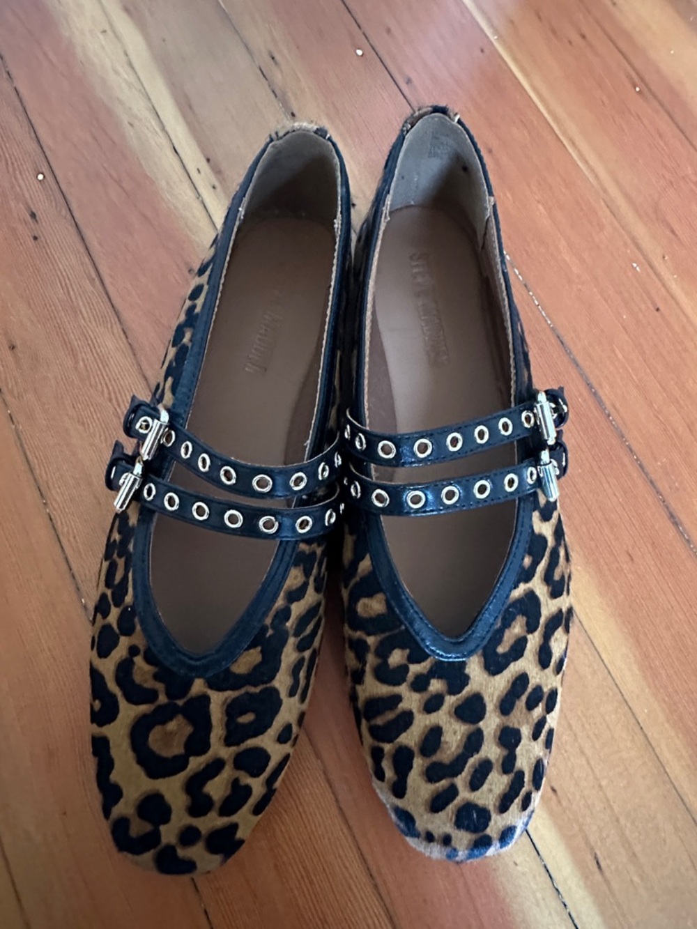 Steve Madden Leopard Print Double Buckle Flats in Tan and Black